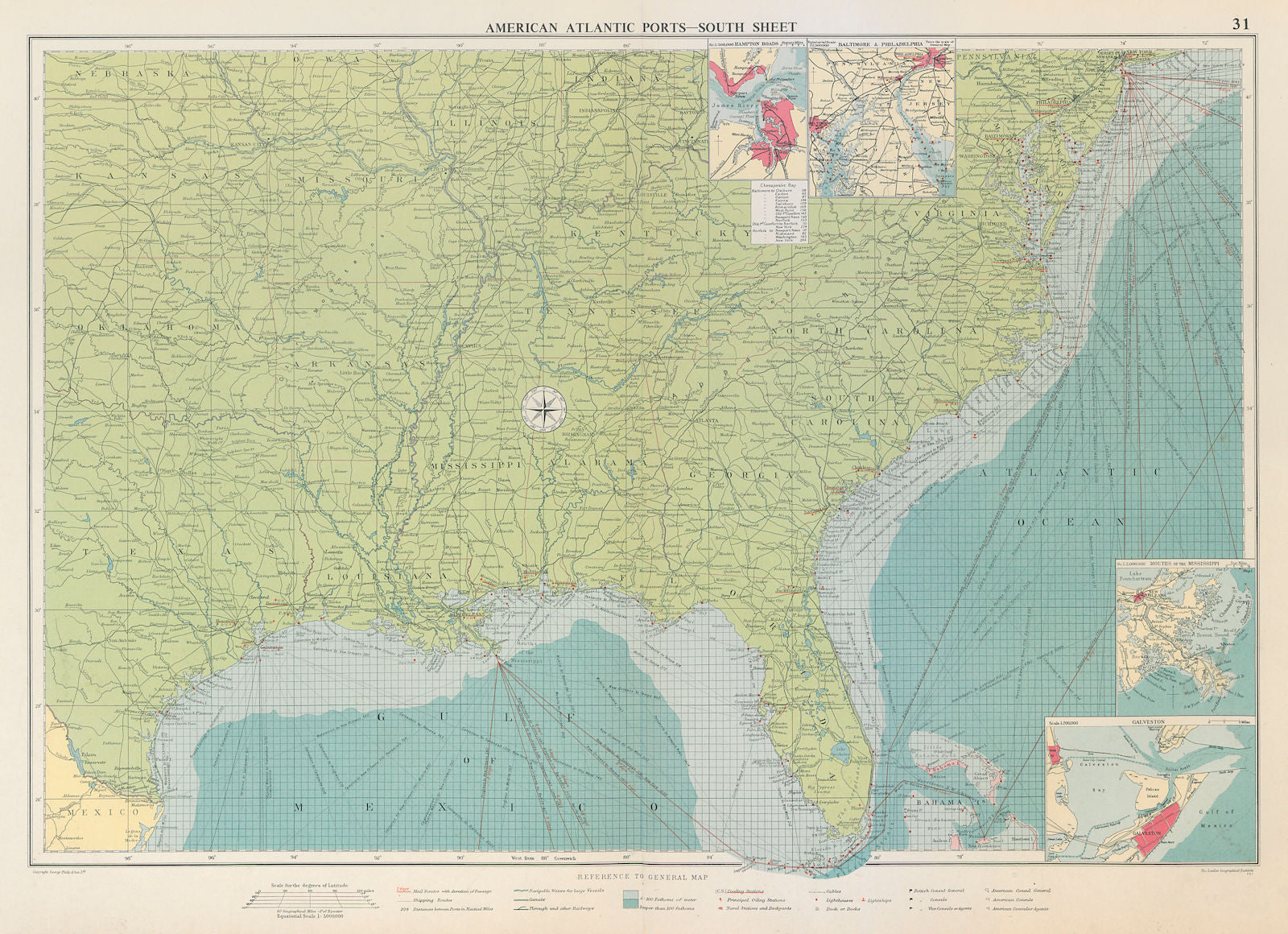 US Atlantic & Gulf Coast Ports sea chart lighthouses mail routes LARGE 1959 map